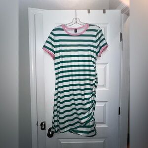 SHEIN Green & White Striped Dress w/ Pink Trim